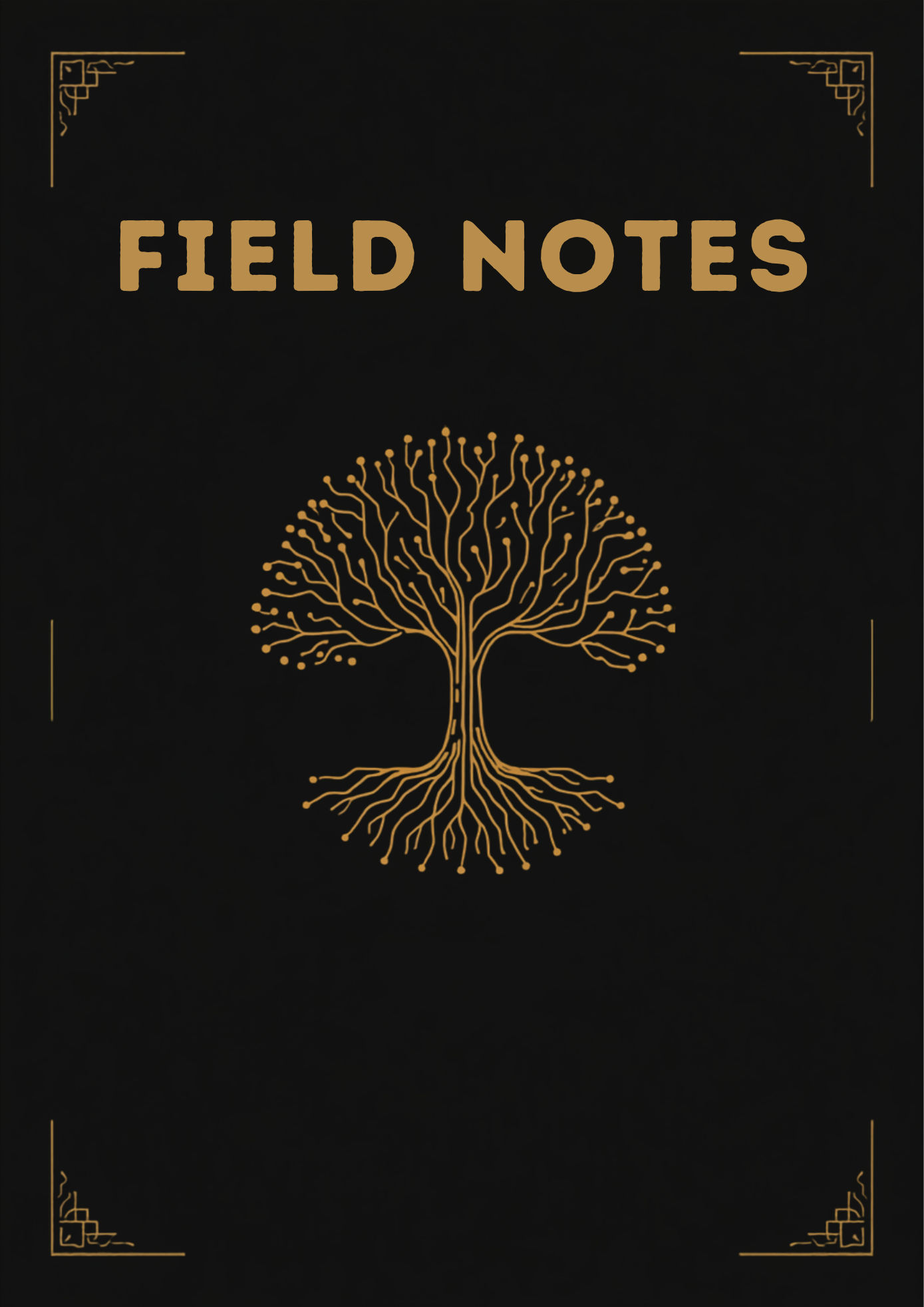 A golden tree icon on a black background, the headline reads "Field Notes"