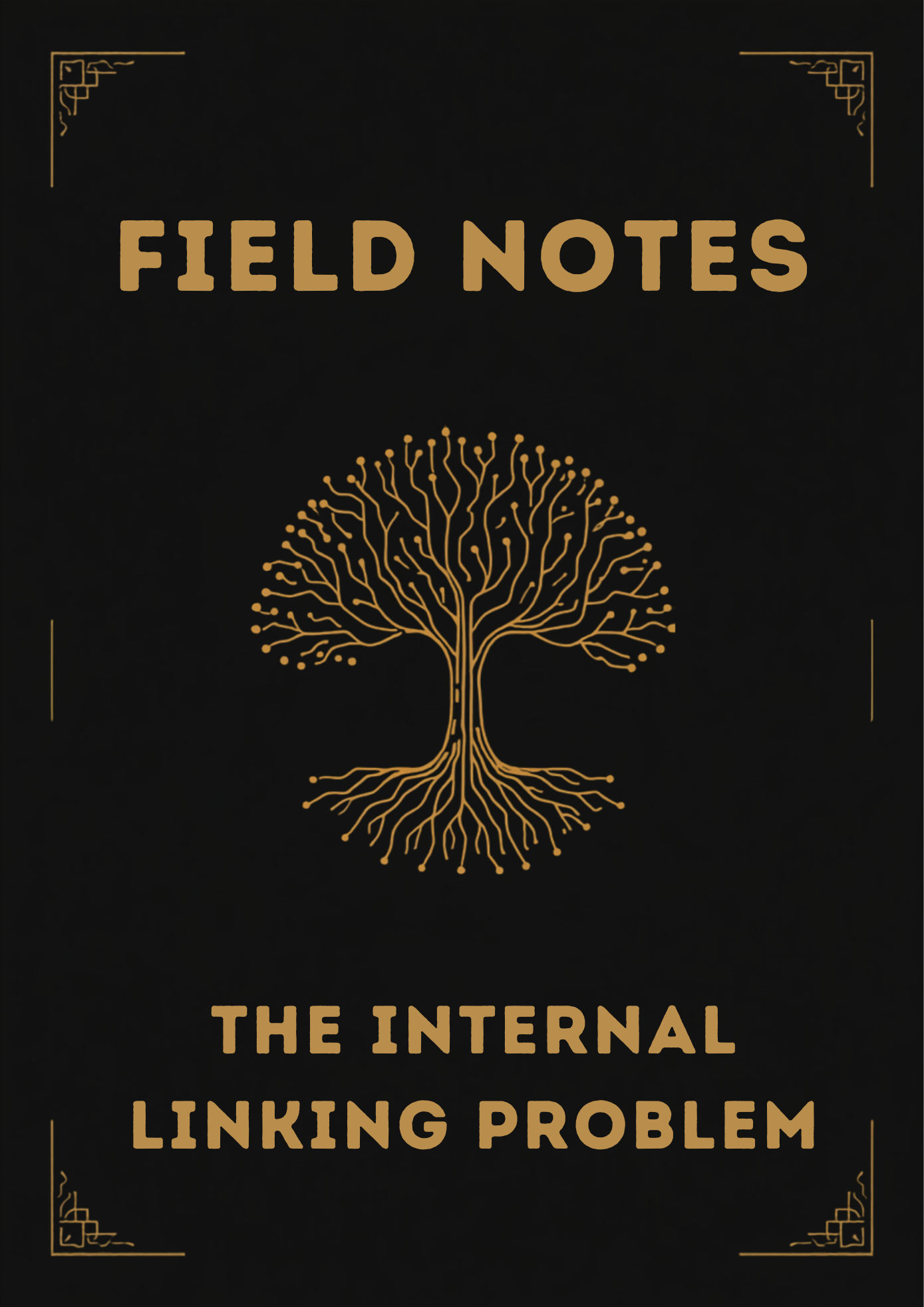 A golden tree icon on a black background, the headline reads "Field Notes" and the lower title is the internal linking problem