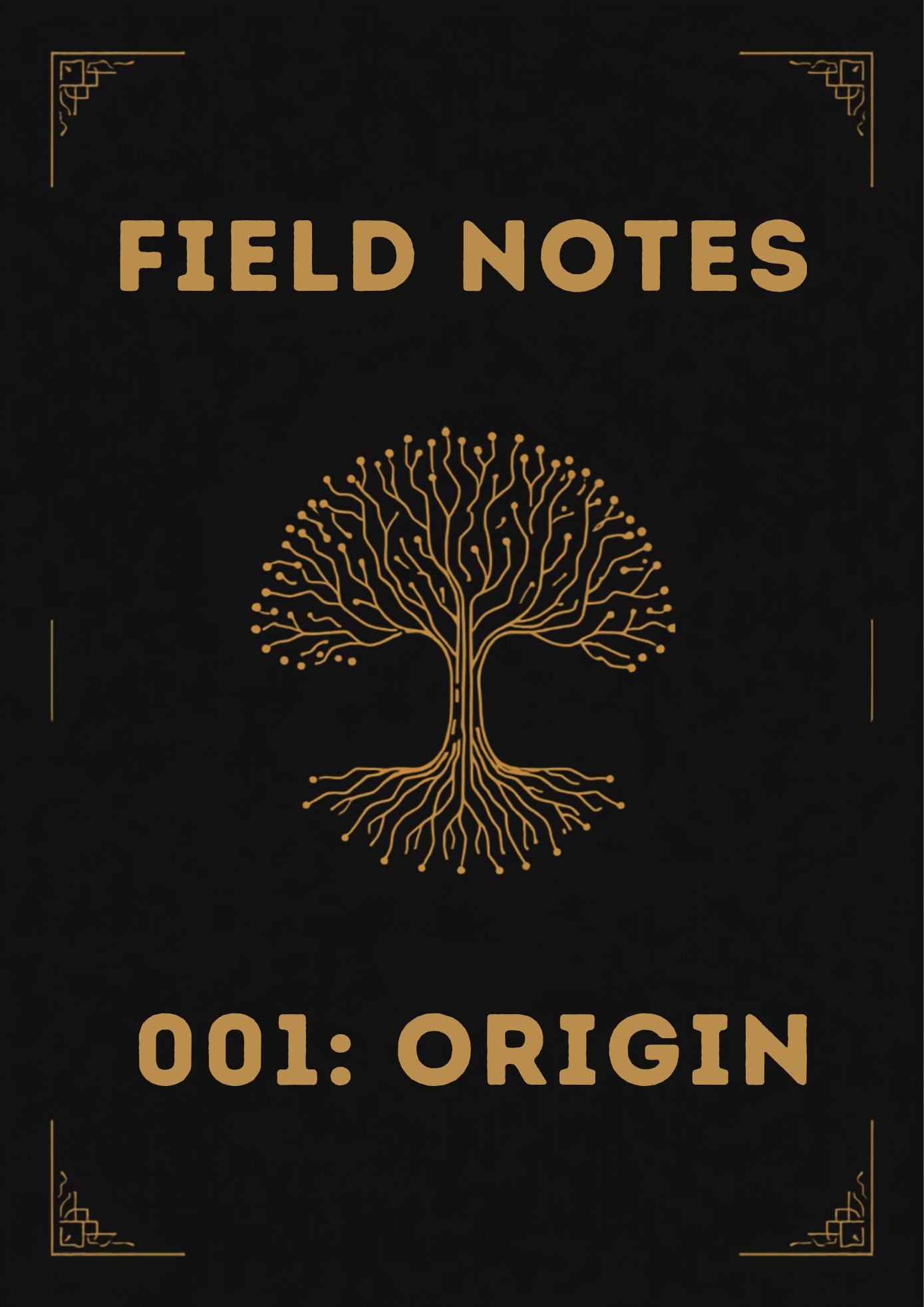 A golden tree icon on a black background, the headline reads "Field Notes" and the lower title is 001: Origin
