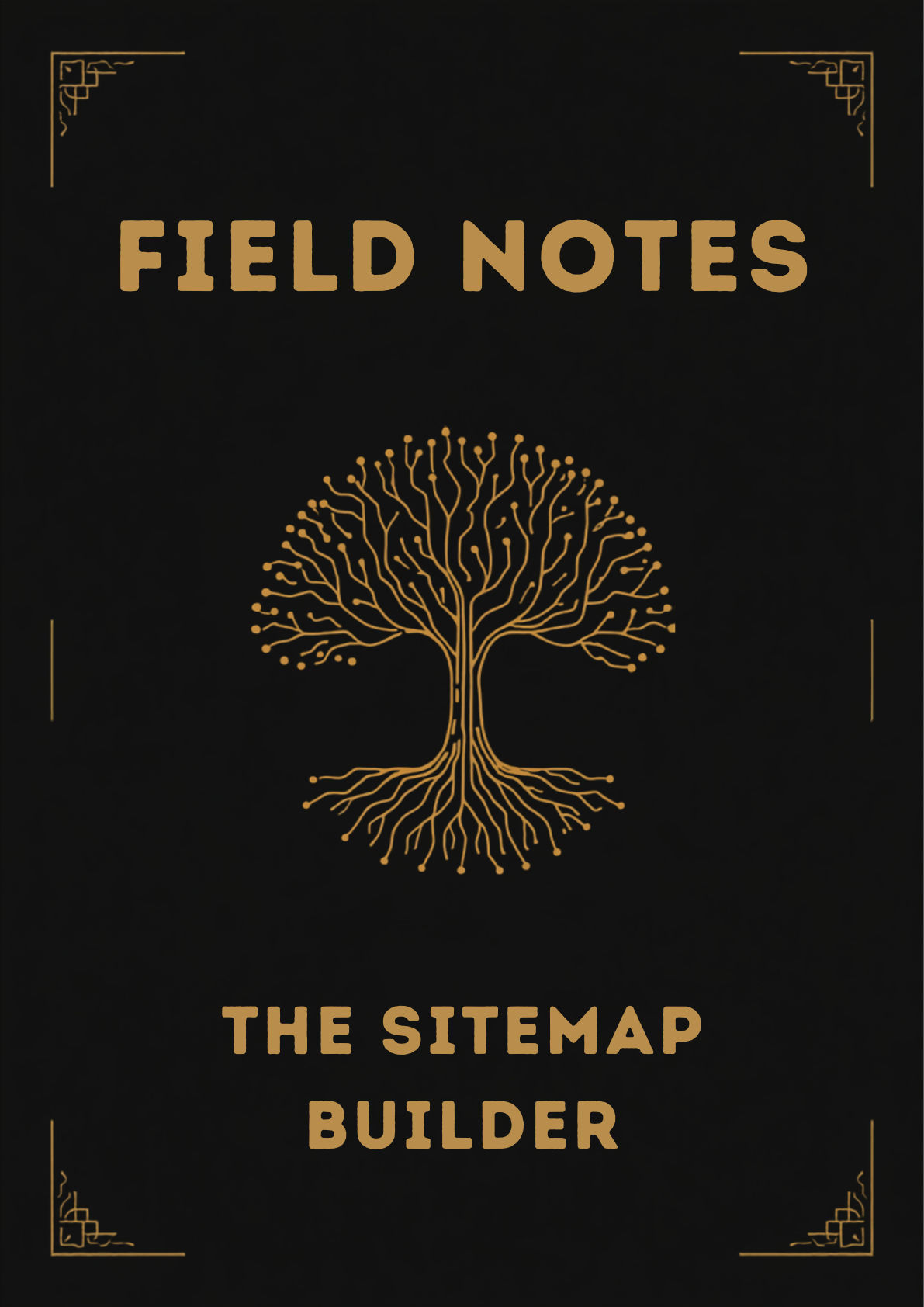 A golden tree icon on a black background, the headline reads "Field Notes" and the lower title is the sitemap builder