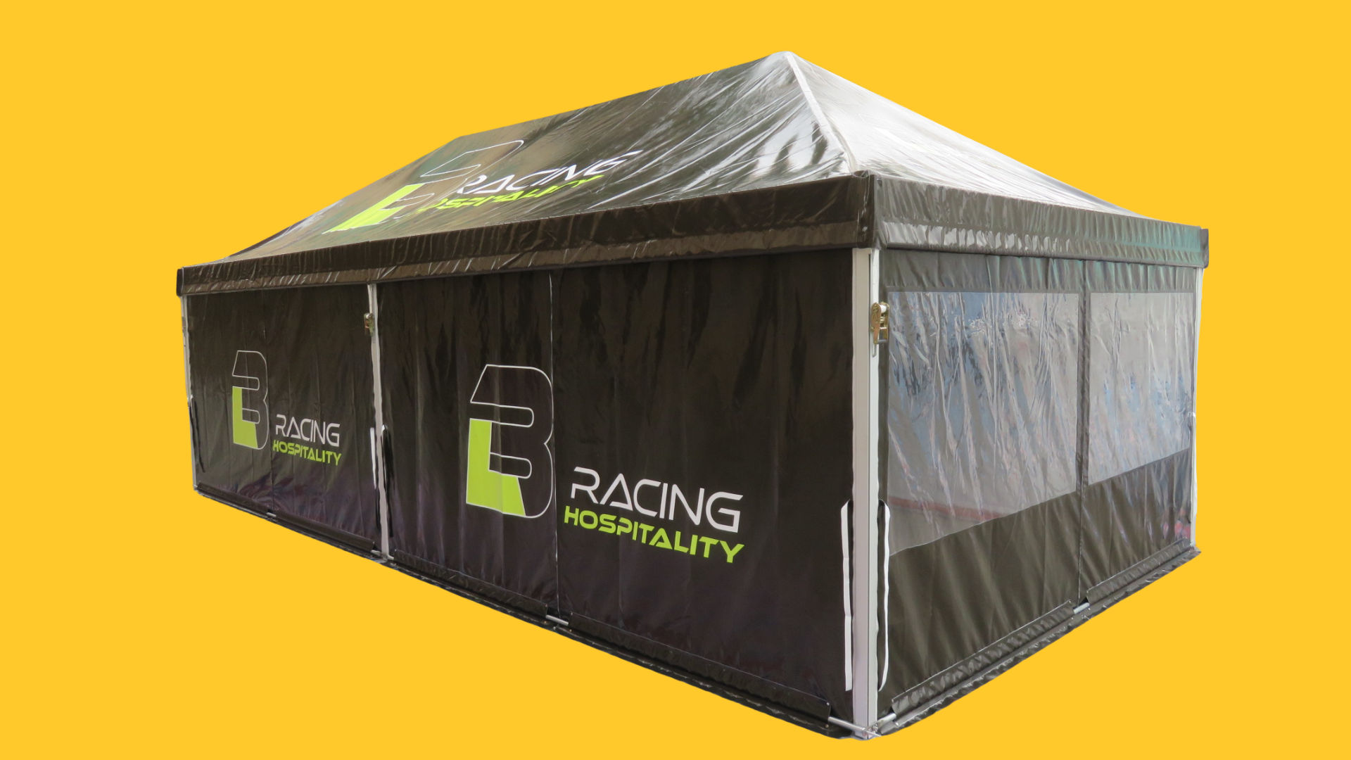 black branded marquee on yellow background