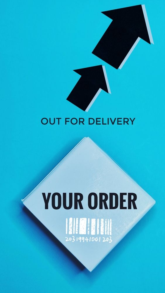 visual representing an order being out for delivery. Black arrows on blue backdrop