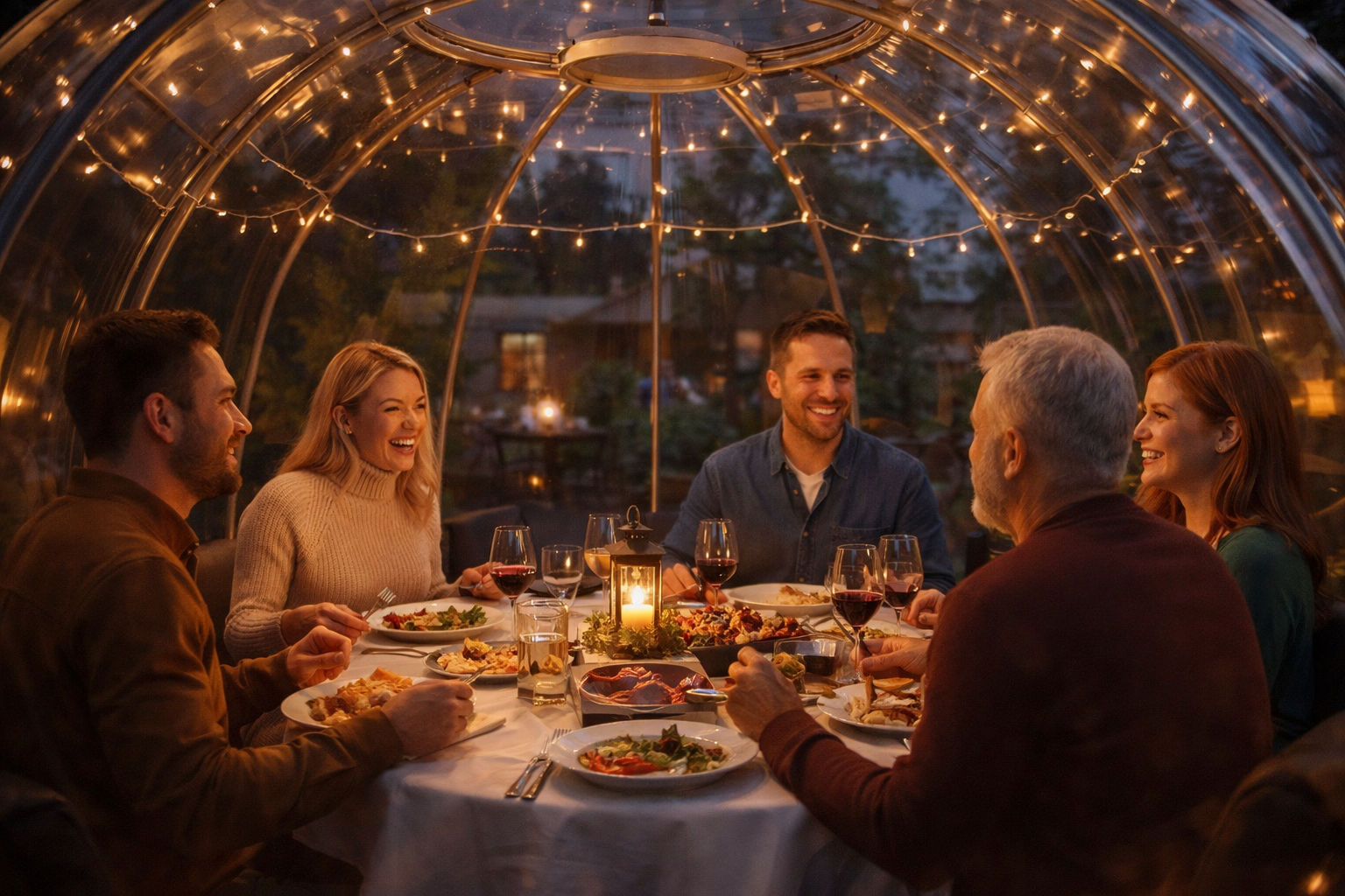 A group of people enjoy dinner under the stars in a clear dining pod