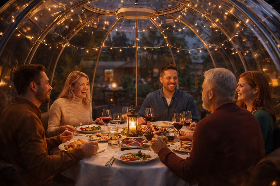 Guests dining inside a luxury alfresco dining pod