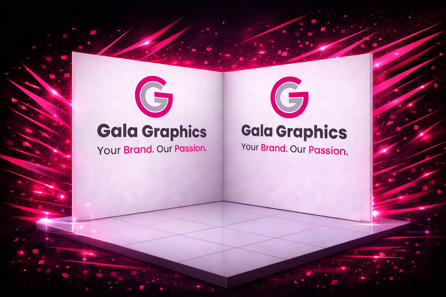 branded exhibition stand on pink and black backdrop