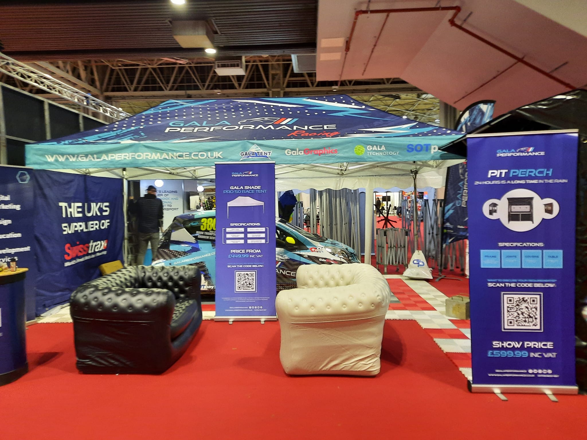 large blue gazebo at autosport international exhibition