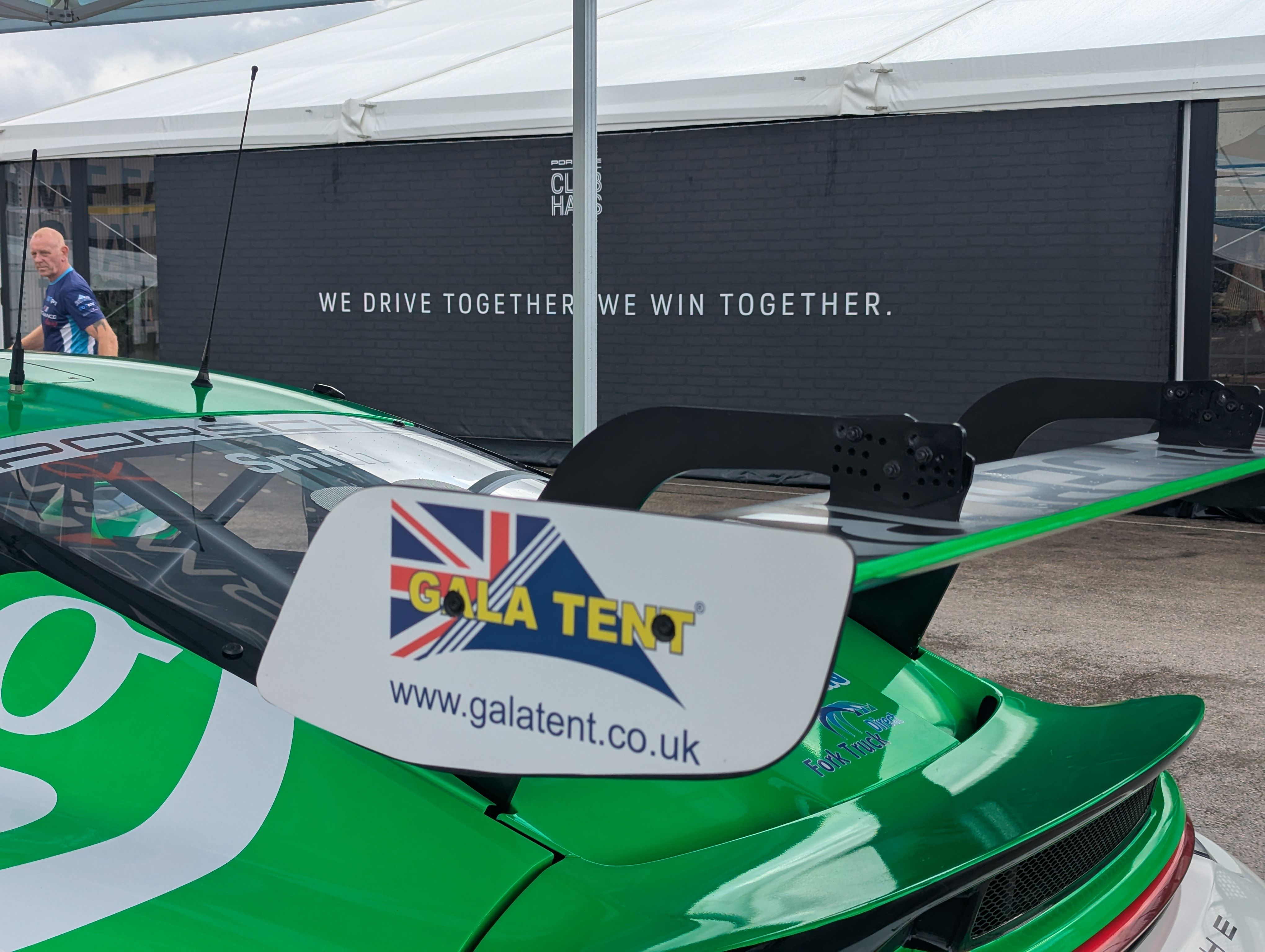 Gala Tent logo on the spoiler of Sid Smith's race car