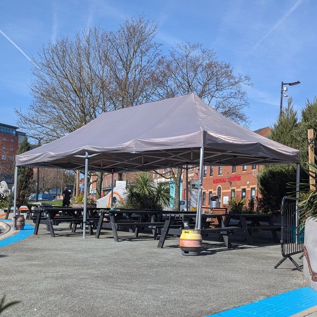 Large extreme gazebo in a city centre beer garden