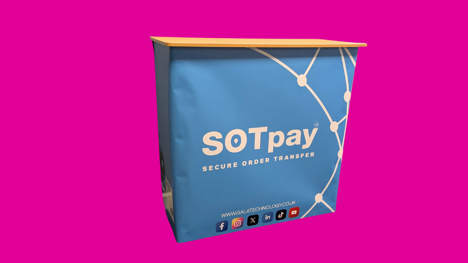 printed greeter stand on pink background