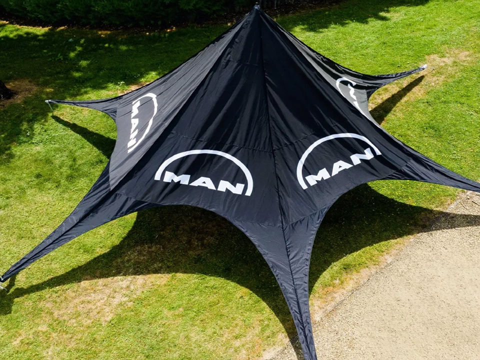 Star Shade Marquee on grass, from above