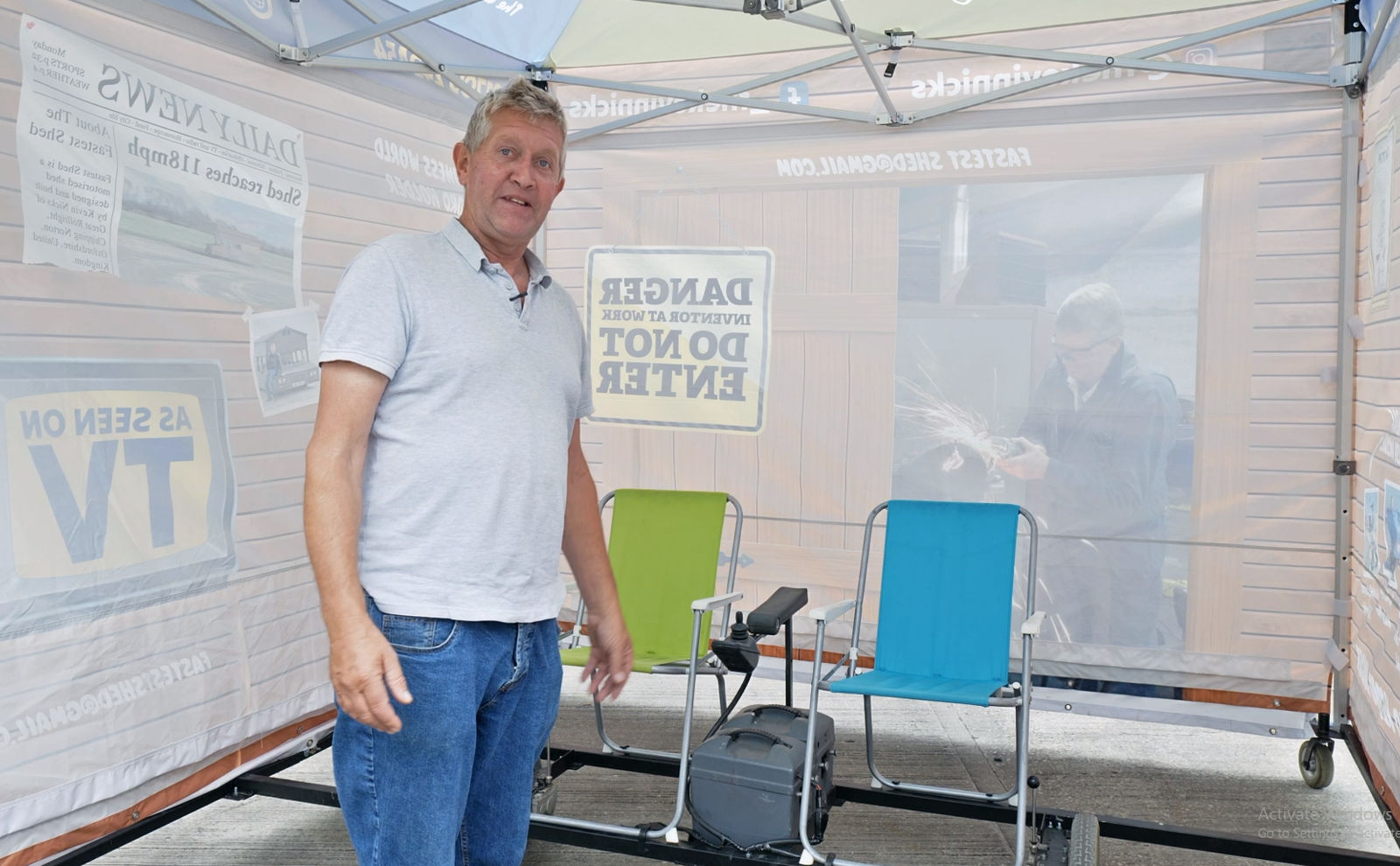 Kevin Nicks in his driveable gazebo