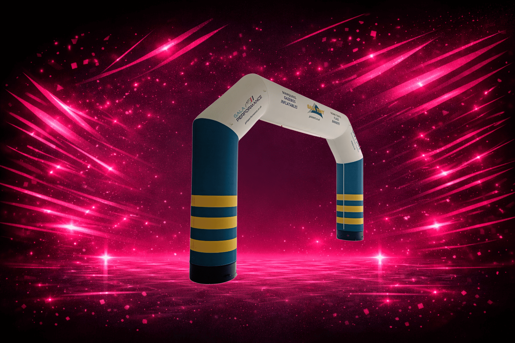 inflatable arch on black and pink