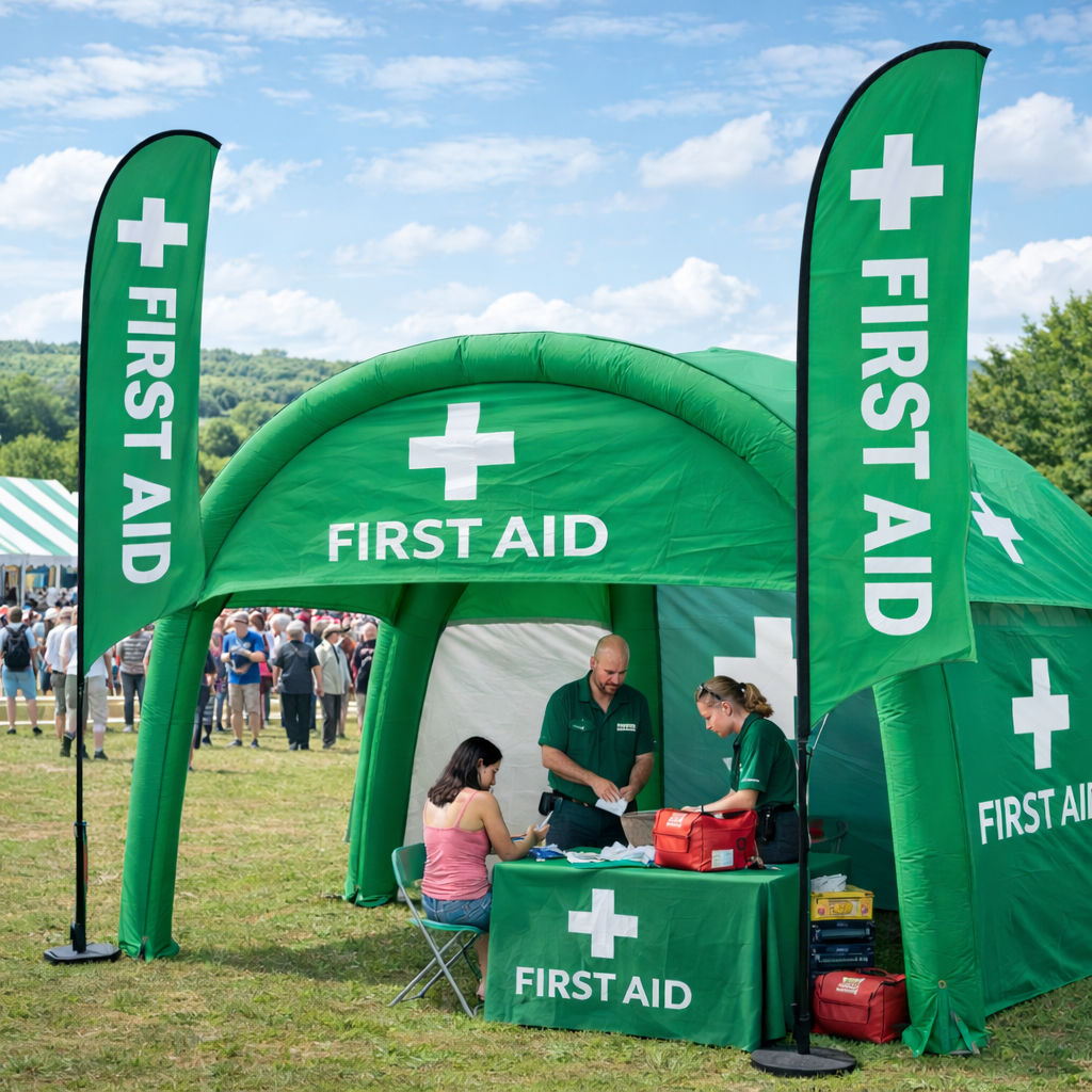 green inflatable first aid tent