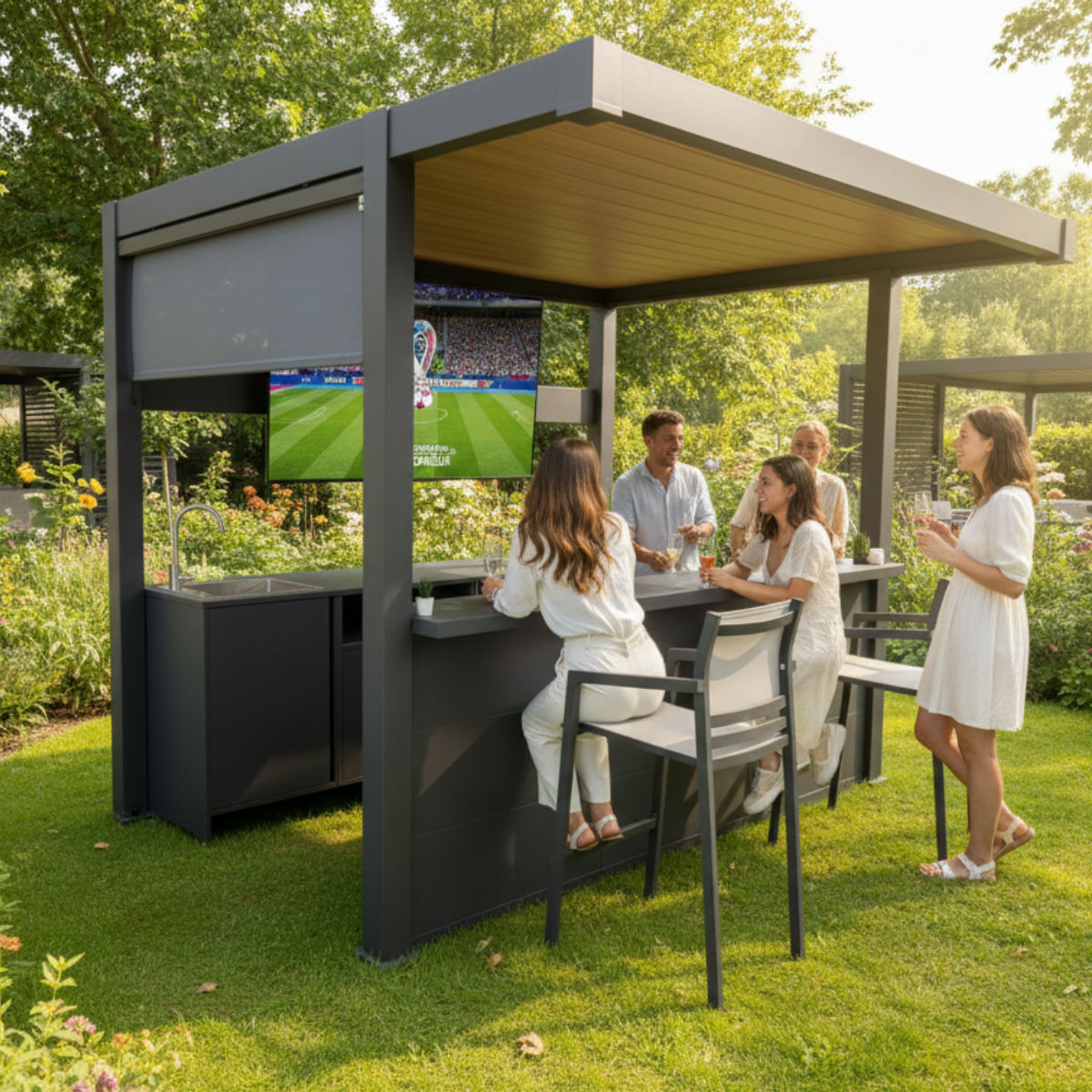 garden party around pergola kitchen suite