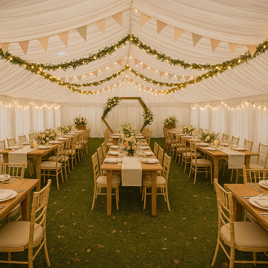 A wedding set up inside a marquee with elegant satin lining