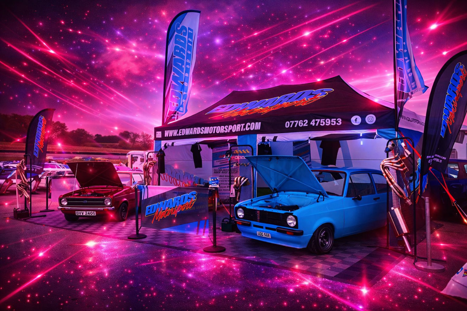 branded gazebo set up with flags and car