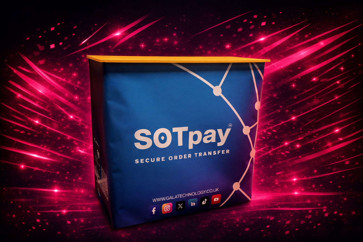 branded greeter stand on pink and black backdrop