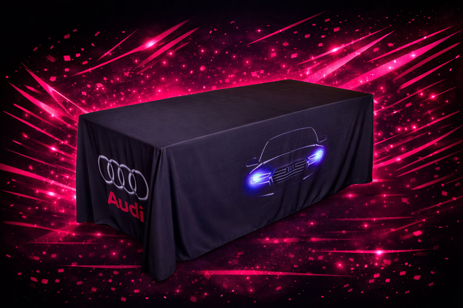 printed table cover on pink and black backdrop