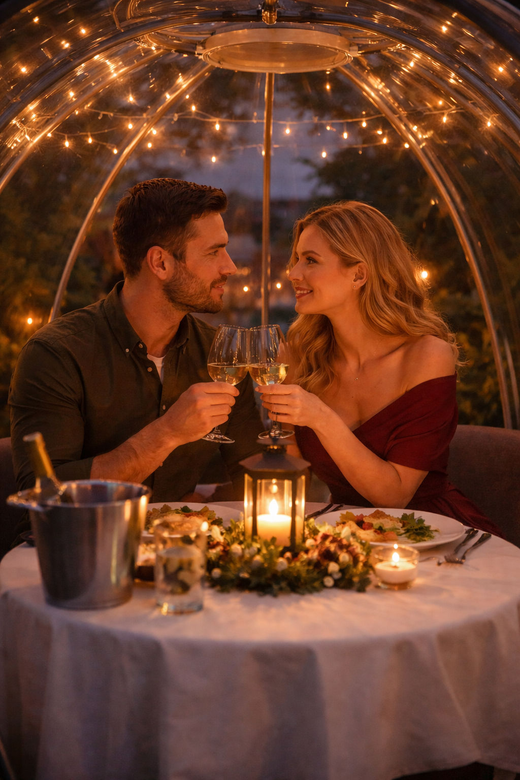 A young couple enjoying a romantic meal in an alfresco dining pod