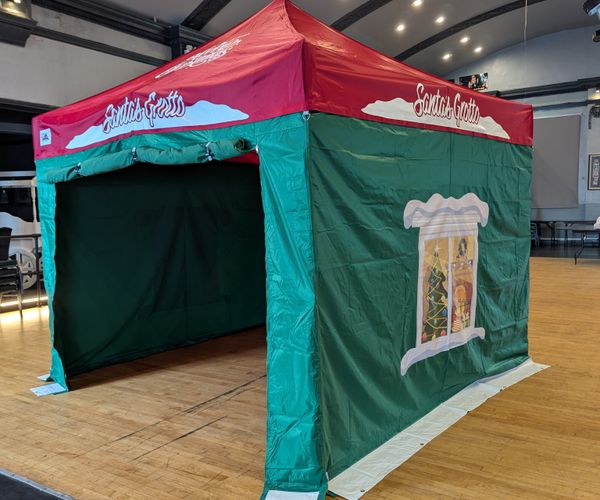 Green printed Santa's Grotto gazebo for Christmas events