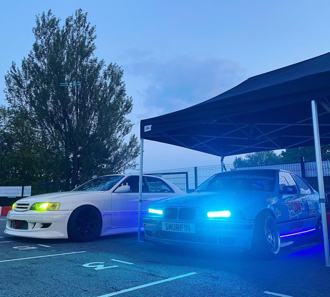 Customised car under black gazebo