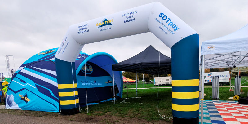 blue and white inflatable arch