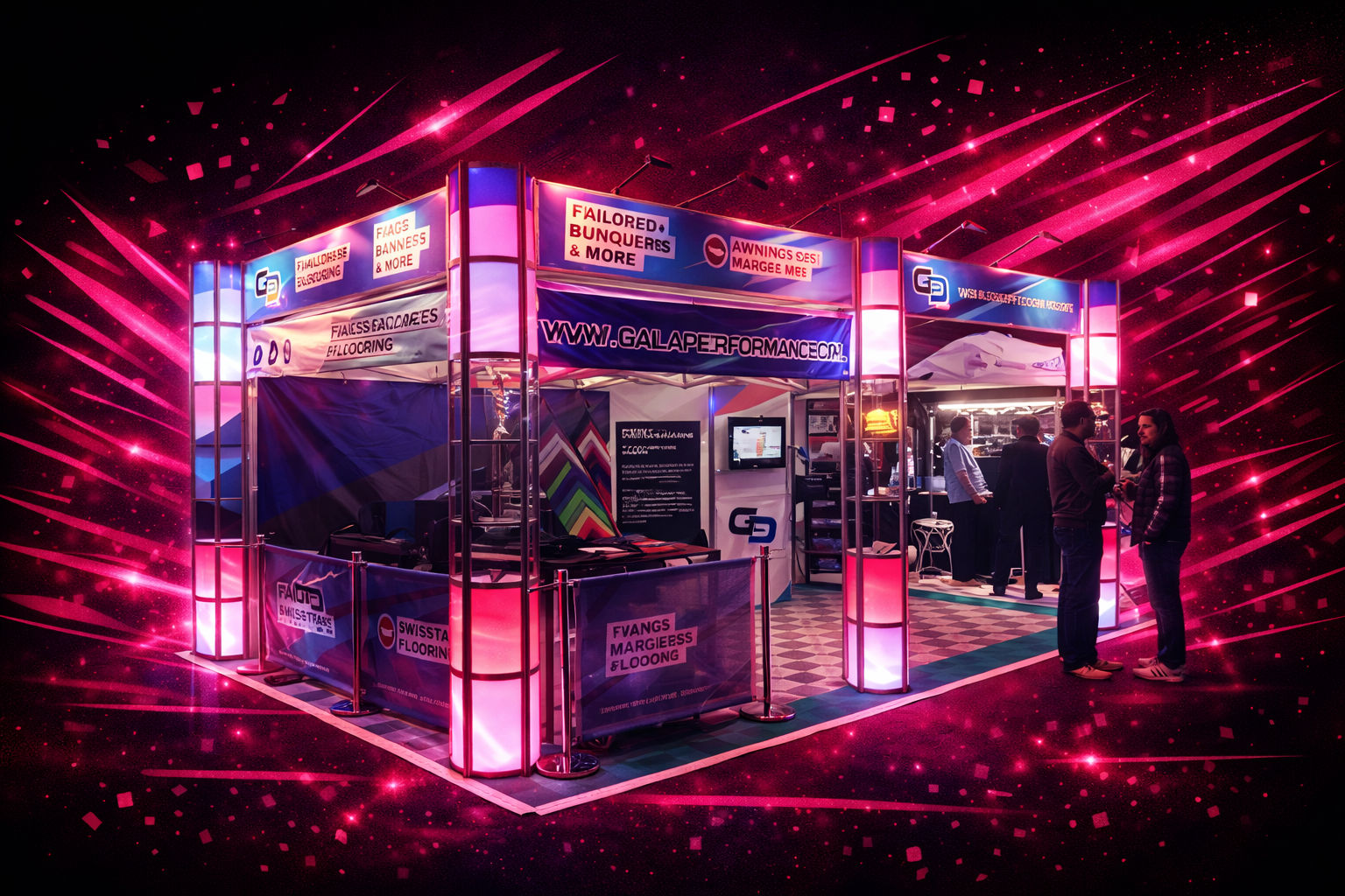 trade show stand on black and pink backdrop