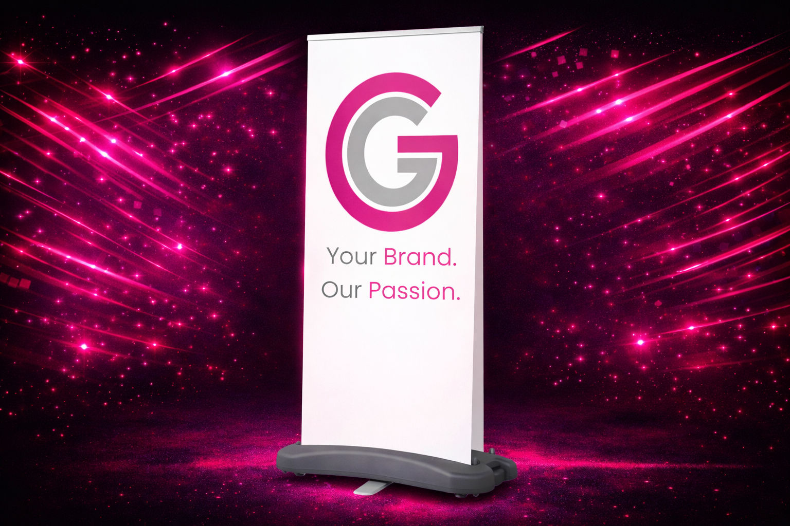upright banner on black and pink backdrop