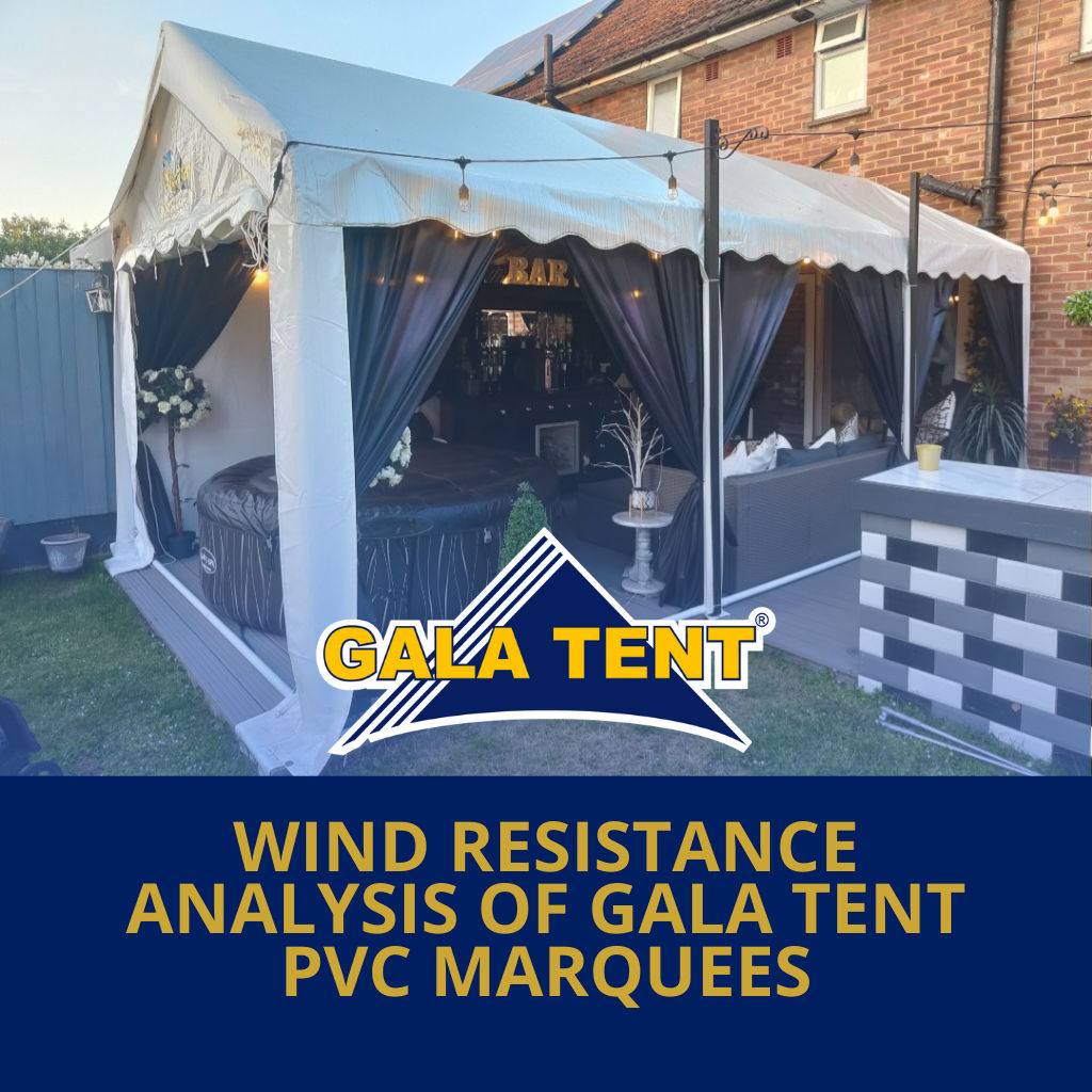 garden marquee behind Gala Tent logo and the words "Wind resistance analysis of PVC Gala Tent Marquees"