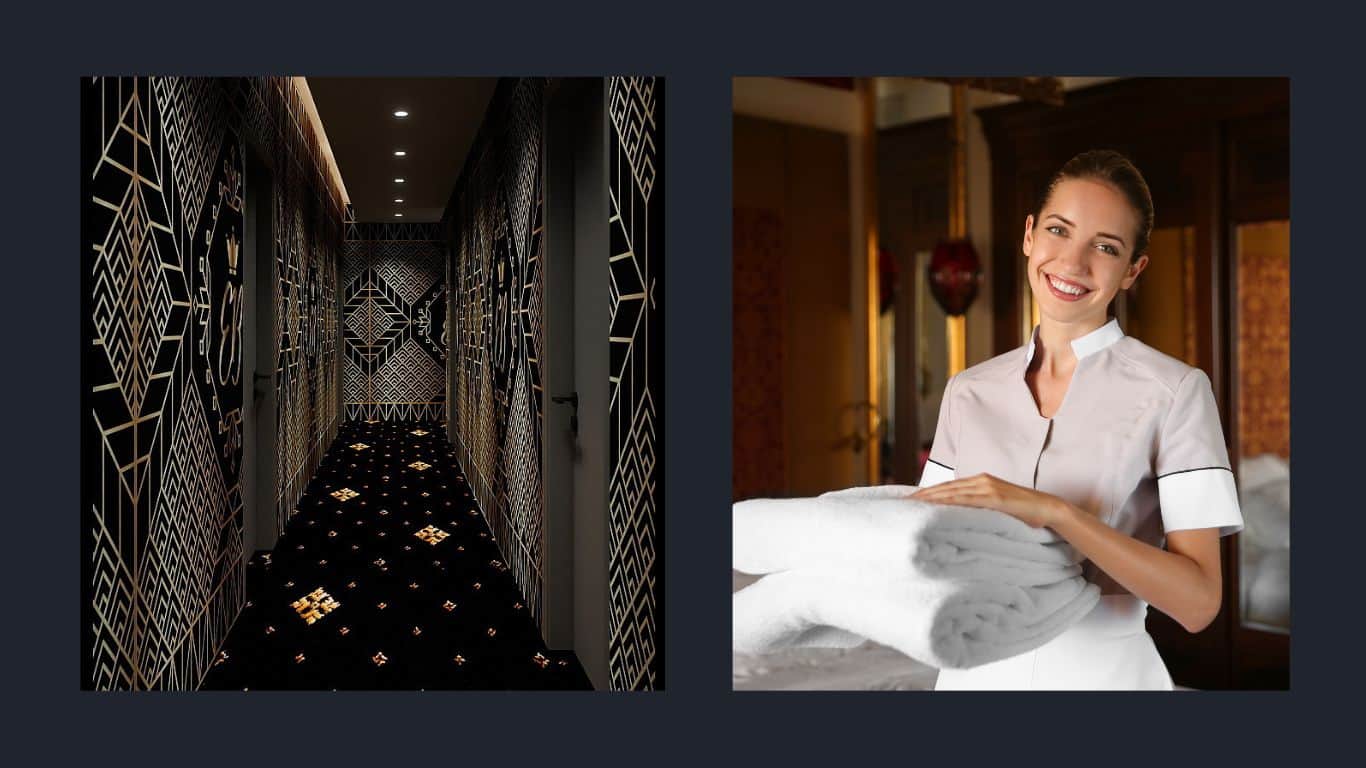 Coridor of rooms with magestic patterned carpet and walls. A woman stood in a hotel room holding crisp white towels