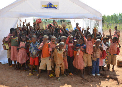 Gala Tent has provided a marquee to replace a broken down hut that had previously been used for evening classes, where children from Burkina Faso learn to read and write in.