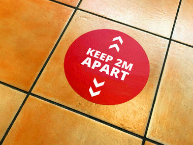 Social distancing floor stickers and PVC banners