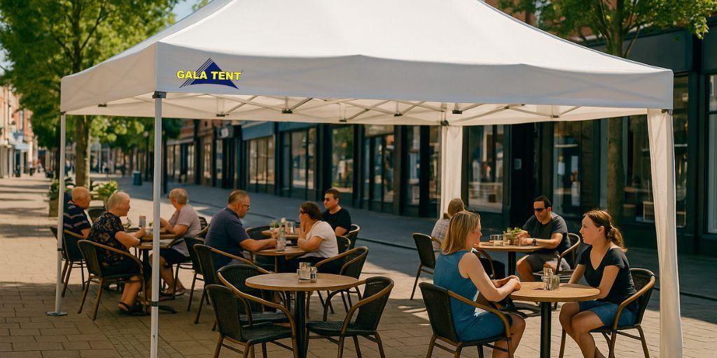 Branded commercial gazebo providing shade for outdoor seating